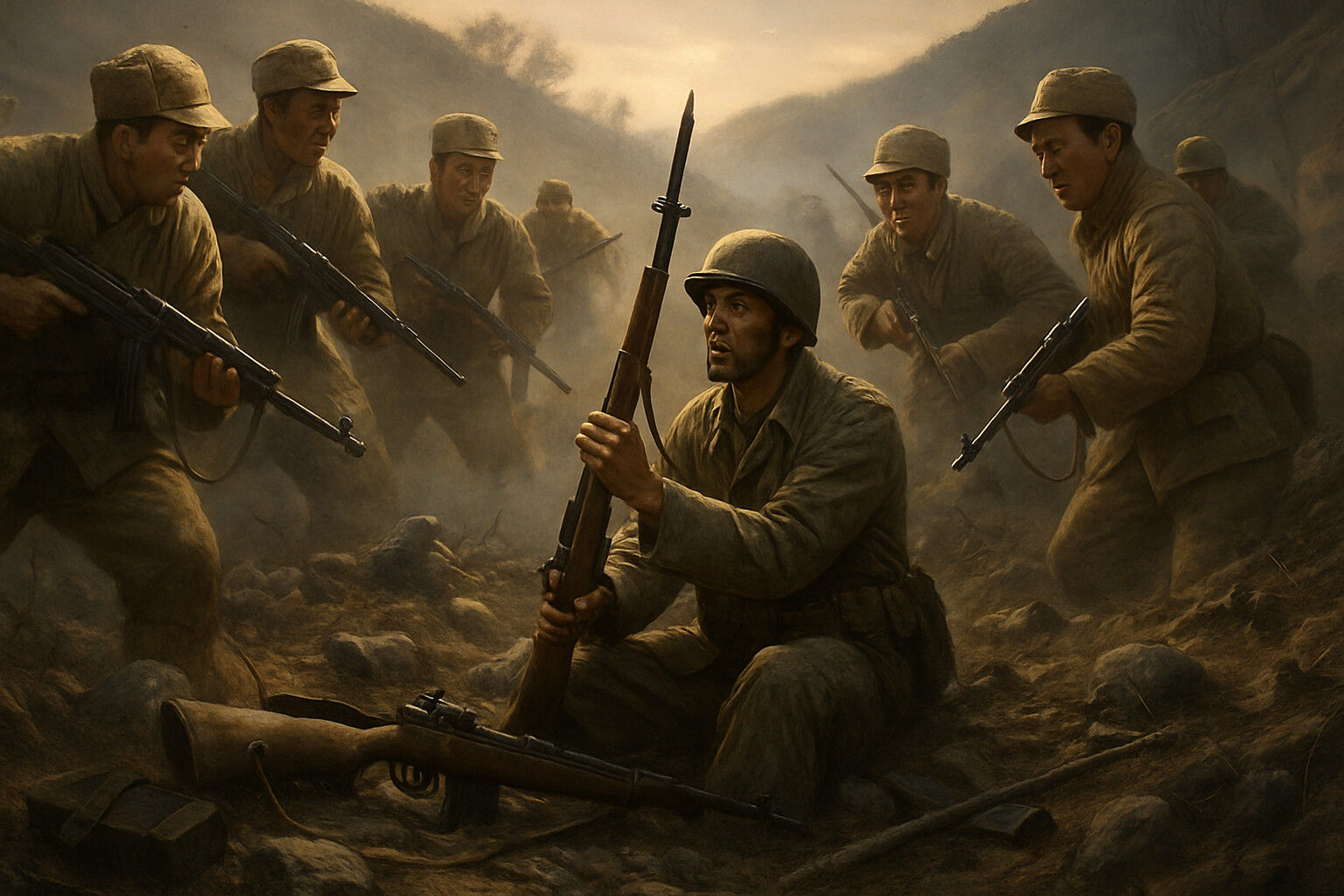 Chinese forces overrunning Miyamura's position as he makes his final stand with rifle and bayonet