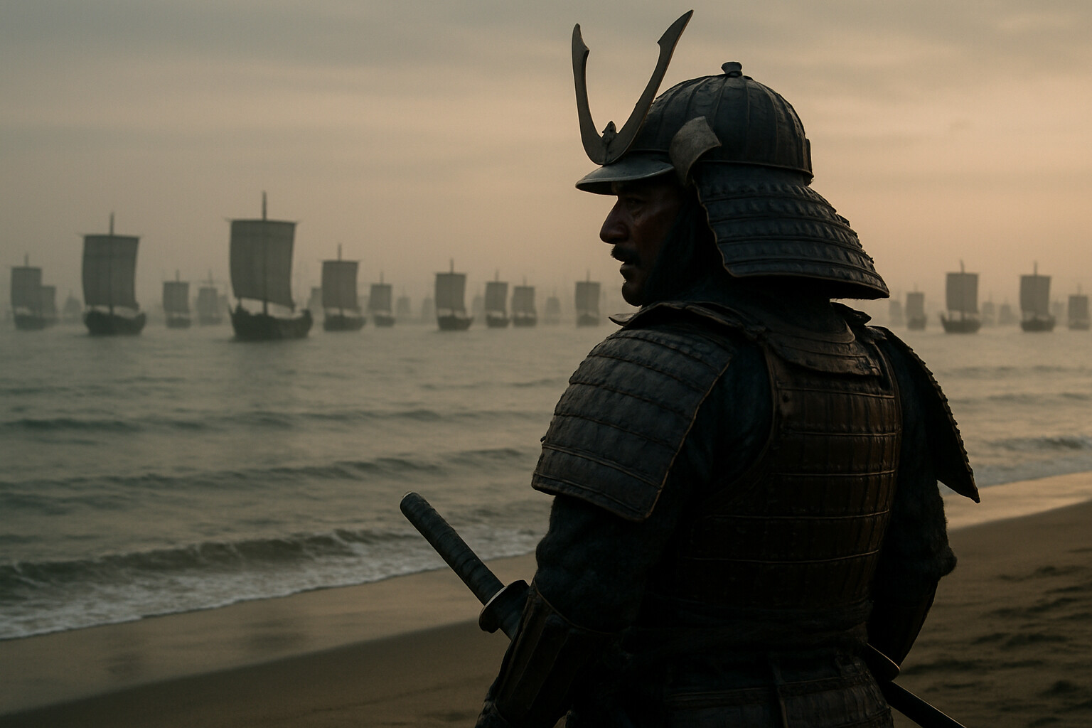Cold open: The moment Japanese scouts see the Mongol fleet filling Hakata Bay — hundreds of ships on the horizon, viewed from the shoreline at dawn.