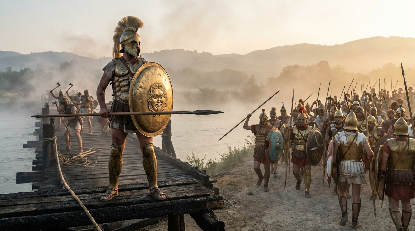 Cold open: Horatius alone at the Etruscan end of the bridge, facing the advancing army. He is in full hoplite armor — bronze helmet, large round bronze-faced shield, spear raised — the bridge burning or being destroyed behind him. The Etruscan army fills the road ahead. Dawn or early morning light. This is the decisive moment.