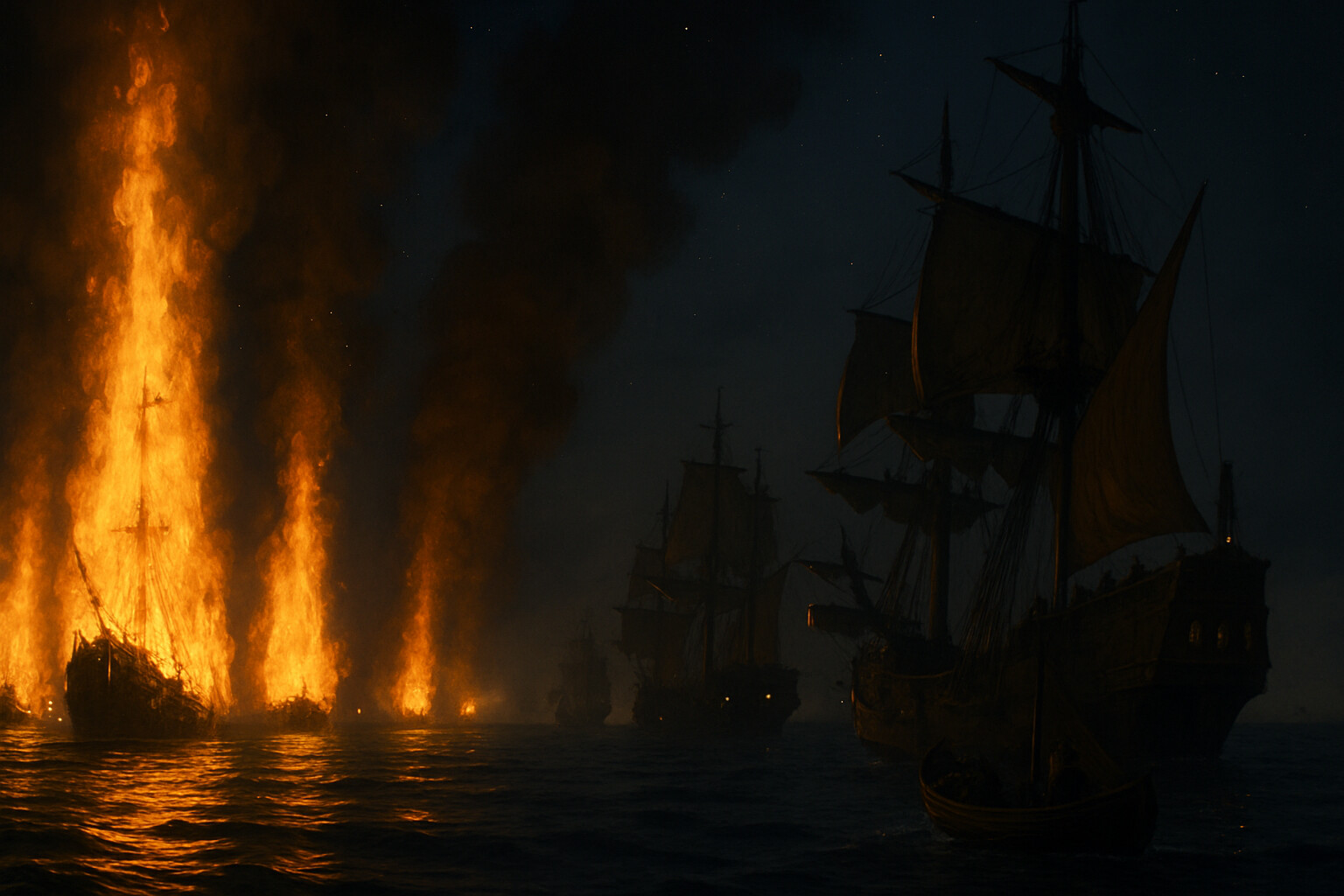 Cold open: the fireship attack at Calais roads, July 28-29, 1588 — eight burning English vessels moving downwind toward the anchored Spanish Armada at midnight