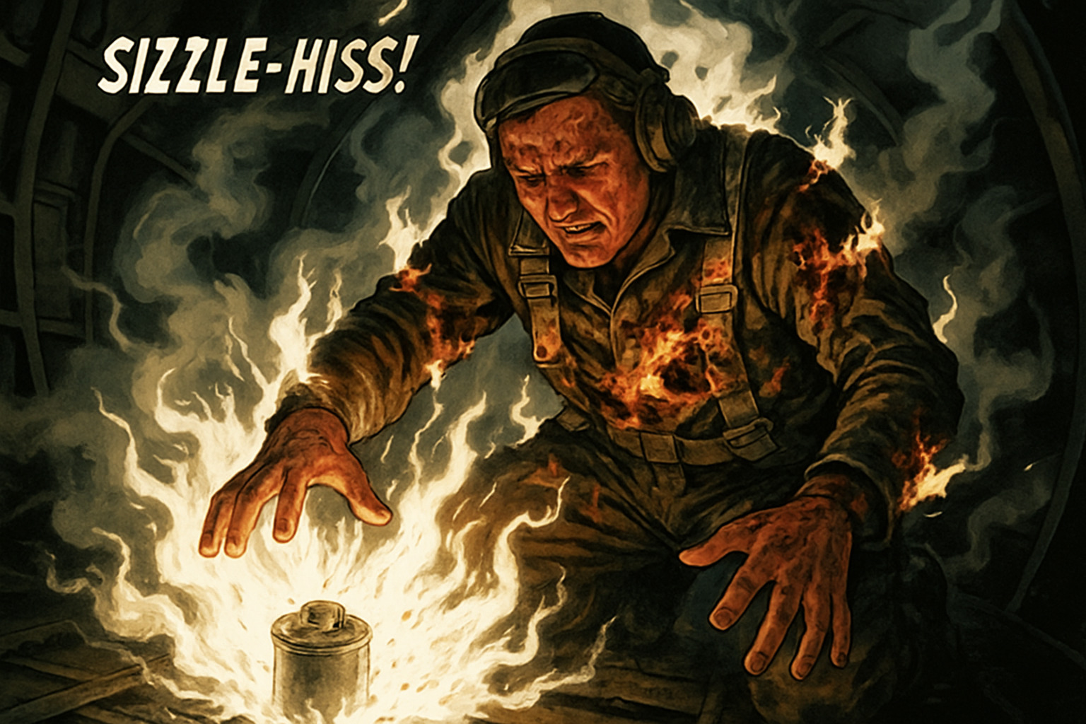 Erwin engulfed in white phosphorus flames, reaching down to grab the burning canister with his bare hands