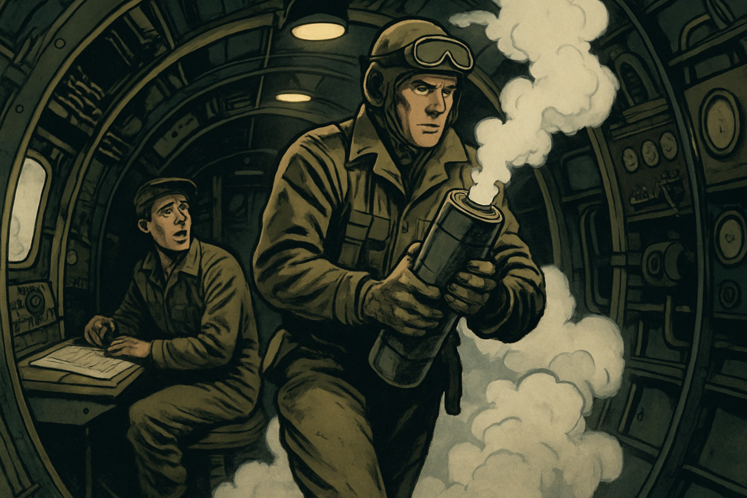 Erwin staggering through the narrow B-29 fuselage, cradling the burning phosphorus bomb against his chest, completely blind