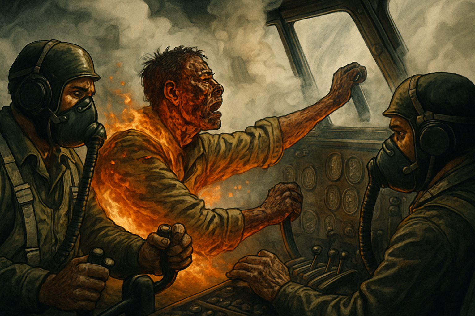 Erwin in the cockpit, pilots fighting to see through smoke, as he struggles to open the copilot window