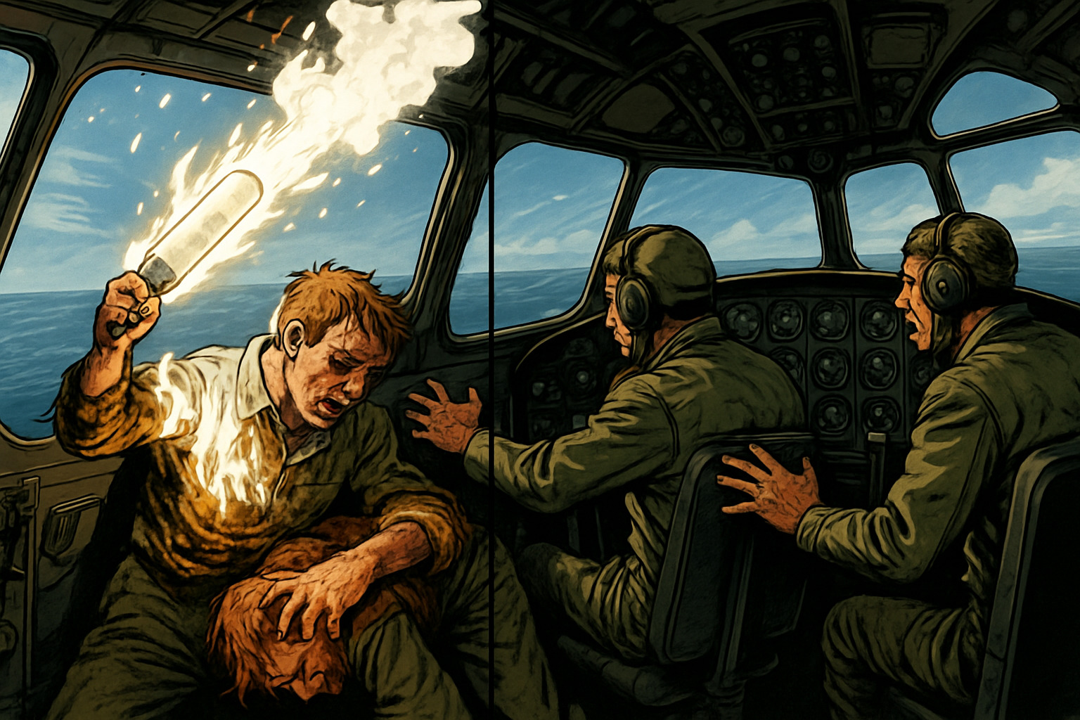 Erwin throwing the burning phosphorus bomb out the open cockpit window with his last strength as he collapses