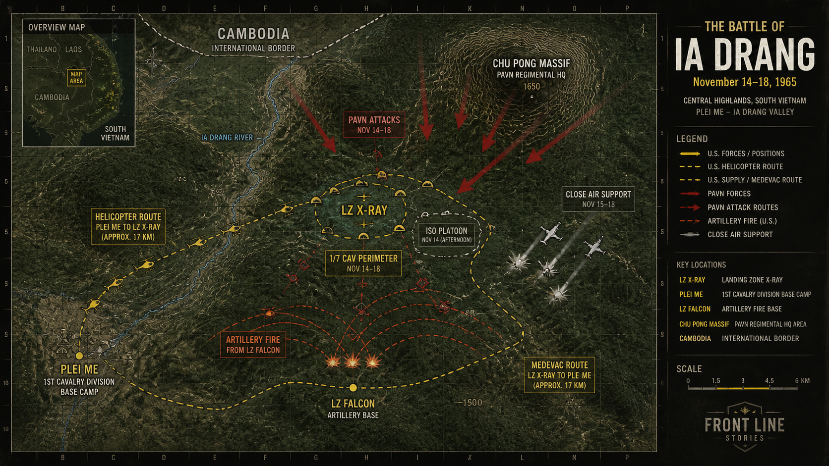 Ia Drang Valley tactical map showing LZ X-Ray, Plei Me, LZ Falcon, Chu Pong Massif, and Cambodian border