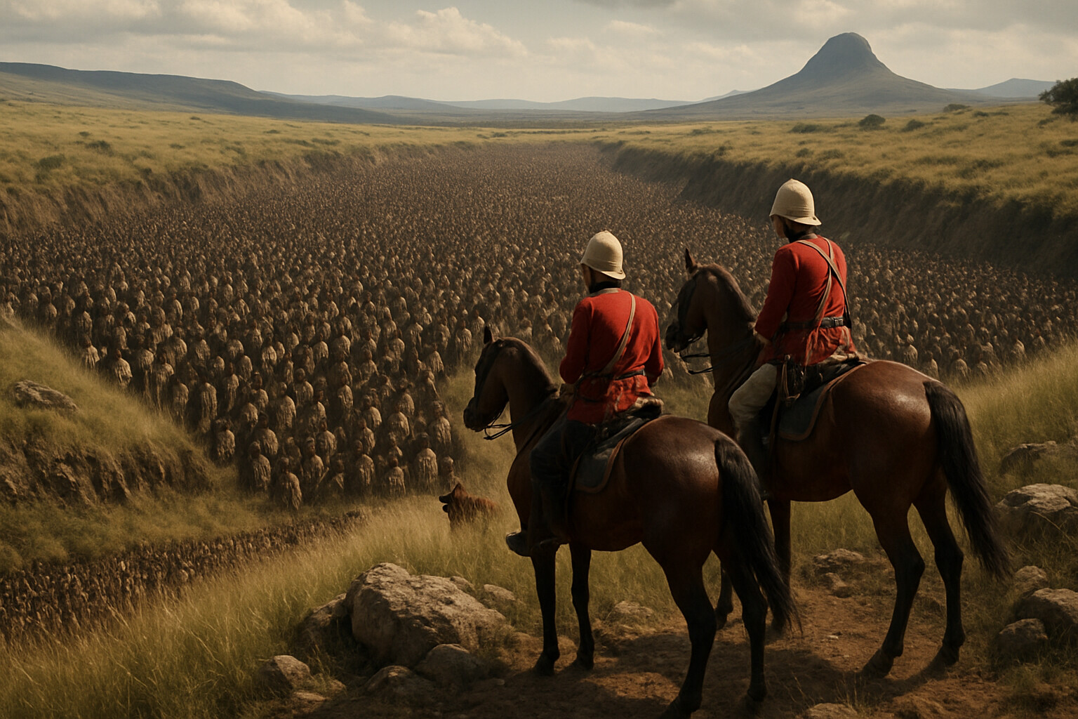 The cold open: the vast Zulu army discovered sitting in the donga on the Nqutu plateau — thousands of warriors in near-silence, shields and assegais held still, viewed from the perspective of a small mounted patrol that has just crested a ridge
