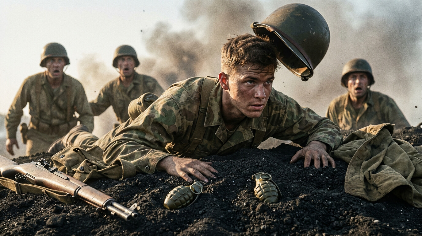 The critical moment: Lucas diving forward to cover two Japanese grenades with his body as his squadmates watch in horror