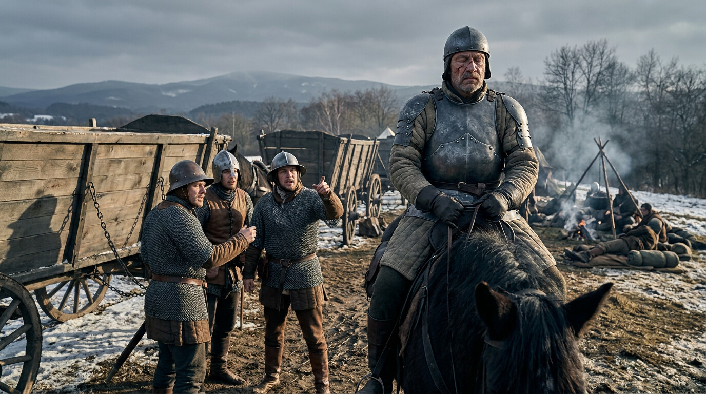 Cold open: Jan Žižka, completely blind, sits on horseback in the chaos of a Hussite encampment. Aides are relaying battle reports to him. His eyes are closed or visibly scarred. He holds no weapon—only listens, hands on reins, utterly composed while men around him are urgent and alarmed. The moment of a commander who cannot see but still commands.