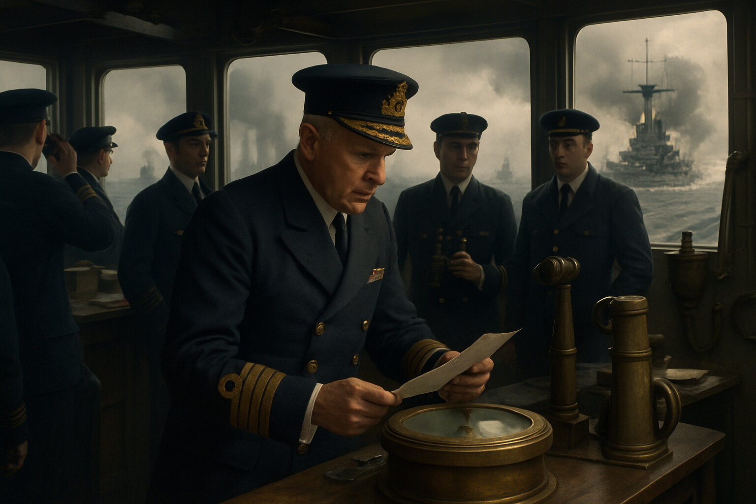 Jellicoe on the bridge of HMS Iron Duke, the moment of the deployment decision — receiving fragmentary reports, scanning the smoke-covered horizon, surrounded by officers and signalmen under immense pressure, six miles of battleships waiting for his order.