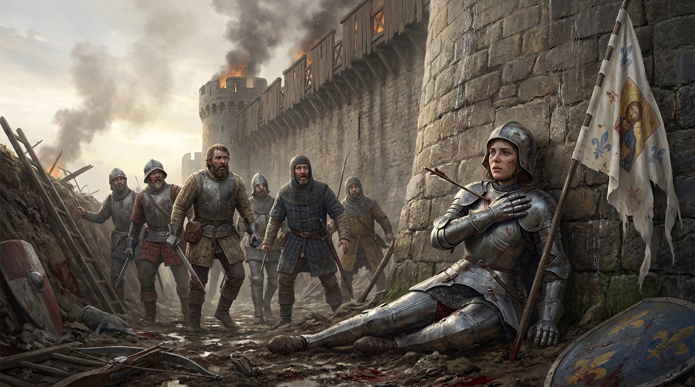 Cold open: Joan in the ditch at Les Tourelles, the moment after the crossbow bolt strikes. She is against the base of the stone fortification wall, hand pressed to her shoulder above the armor line, her white standard planted in the mud beside her. Soldiers around her are looking at her, not the wall. Fire and smoke above. It is May 7, 1429, mid-afternoon.