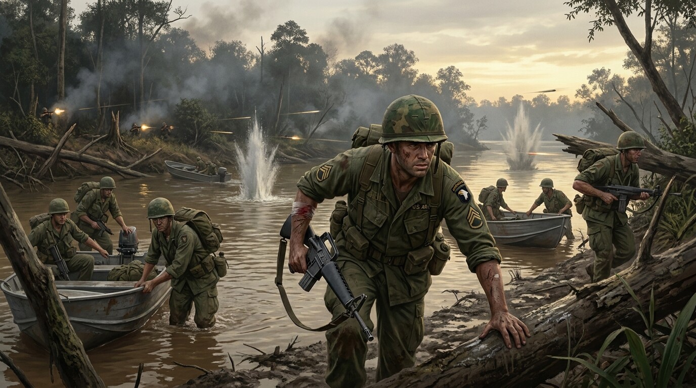 Cold open: the river crossing under fire. Delta Company soldiers in boats or crossing a narrow Vietnamese waterway at dawn; enemy fire erupts from the far bank. Muzzle flashes in the treeline, water fountains from incoming rounds. Hooper is in the water or just reaching the bank, already moving forward despite being hit.