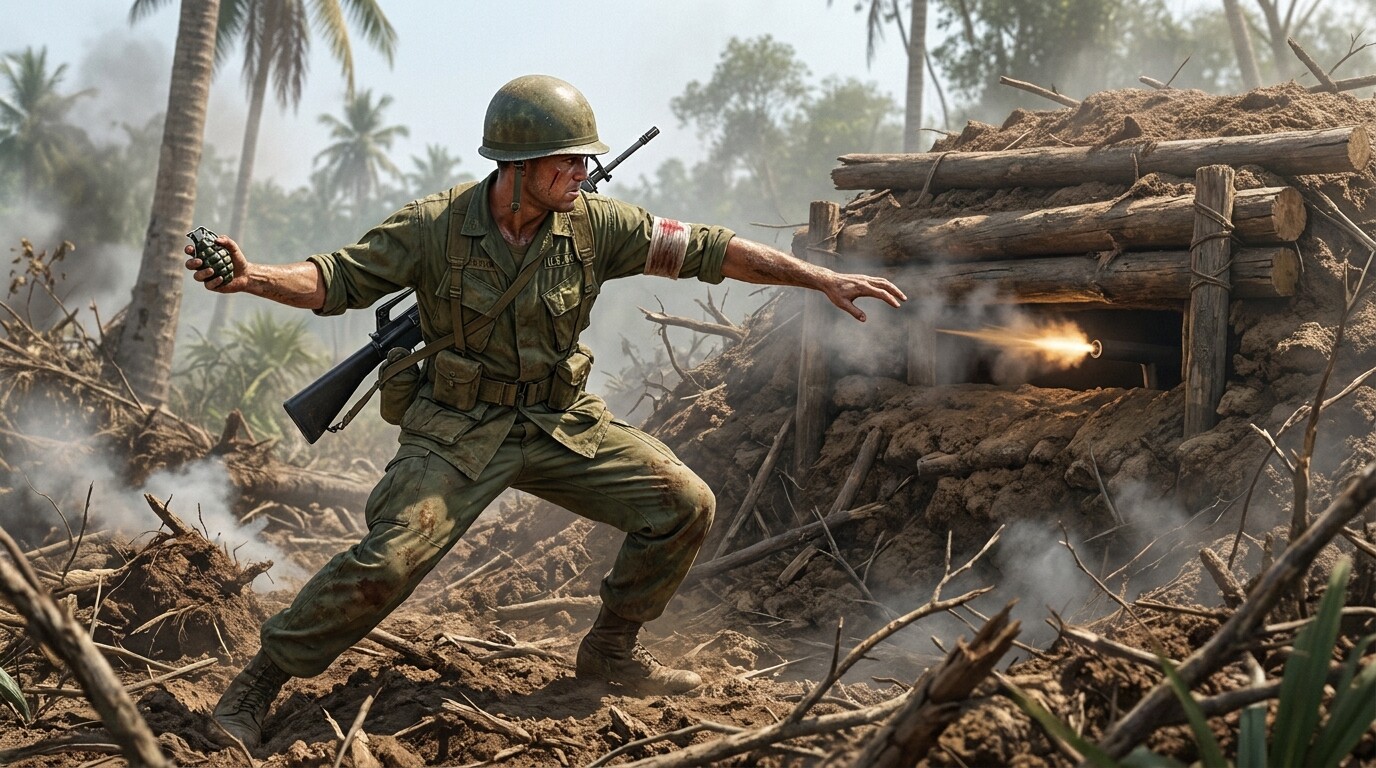 Action panel: Hooper assaulting a bunker. He is within throwing distance of a fortified enemy position — earth and log construction, a narrow firing aperture. He is mid-throw with a grenade, body low and moving fast, one arm already extended. Incoming fire visible from the aperture.