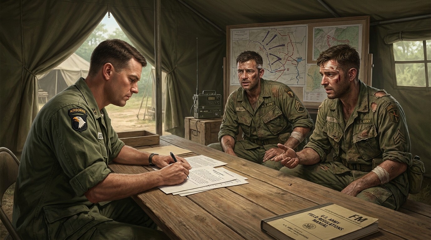 Aftermath and record: the official documentation of valor. A staged historical scene showing the Medal of Honor nomination process — a military officer writing a witness statement or after-action report, with soldiers who participated as witnesses, in a rear-area field environment shortly after the battle.