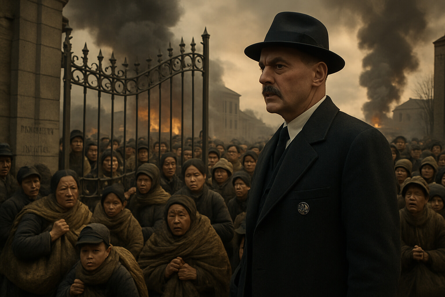 Rabe stands before the University of Nanking gates as thousands of desperate Chinese civilians press against the iron bars, with smoke rising from the city behind them