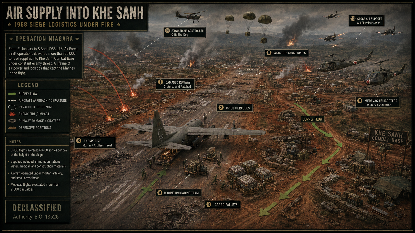 Air supply into Khe Sanh under fire with C-130 cargo aircraft and parachute drops