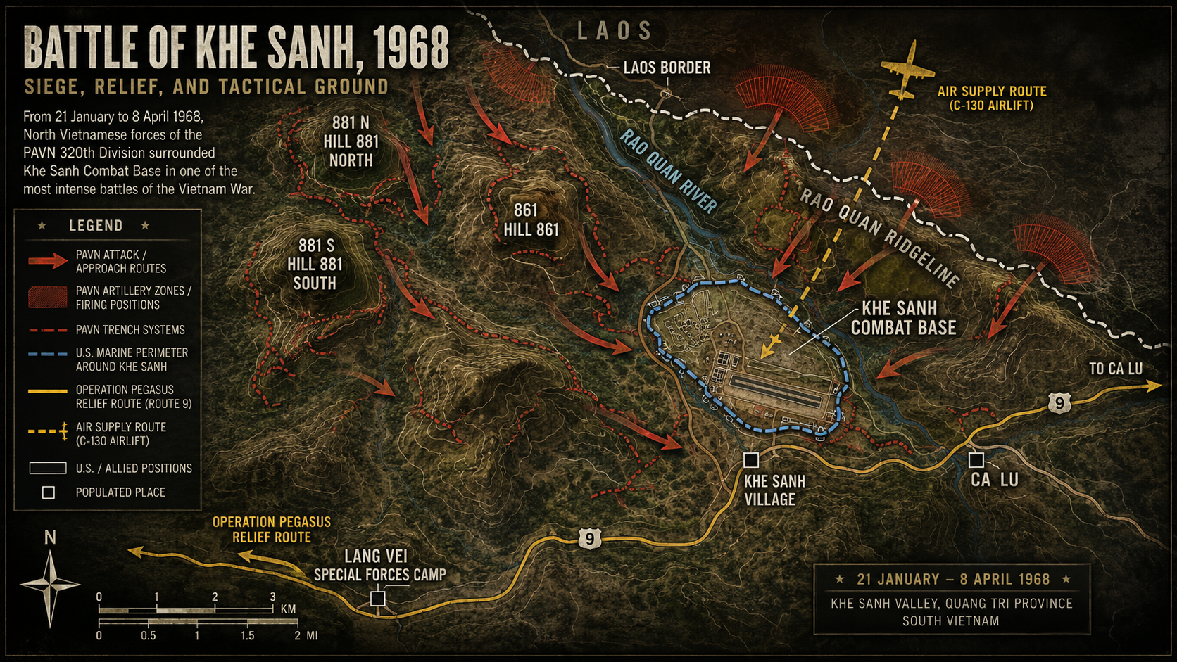 Tactical map of Khe Sanh, Route 9, hill positions, Laos border, and Operation Pegasus