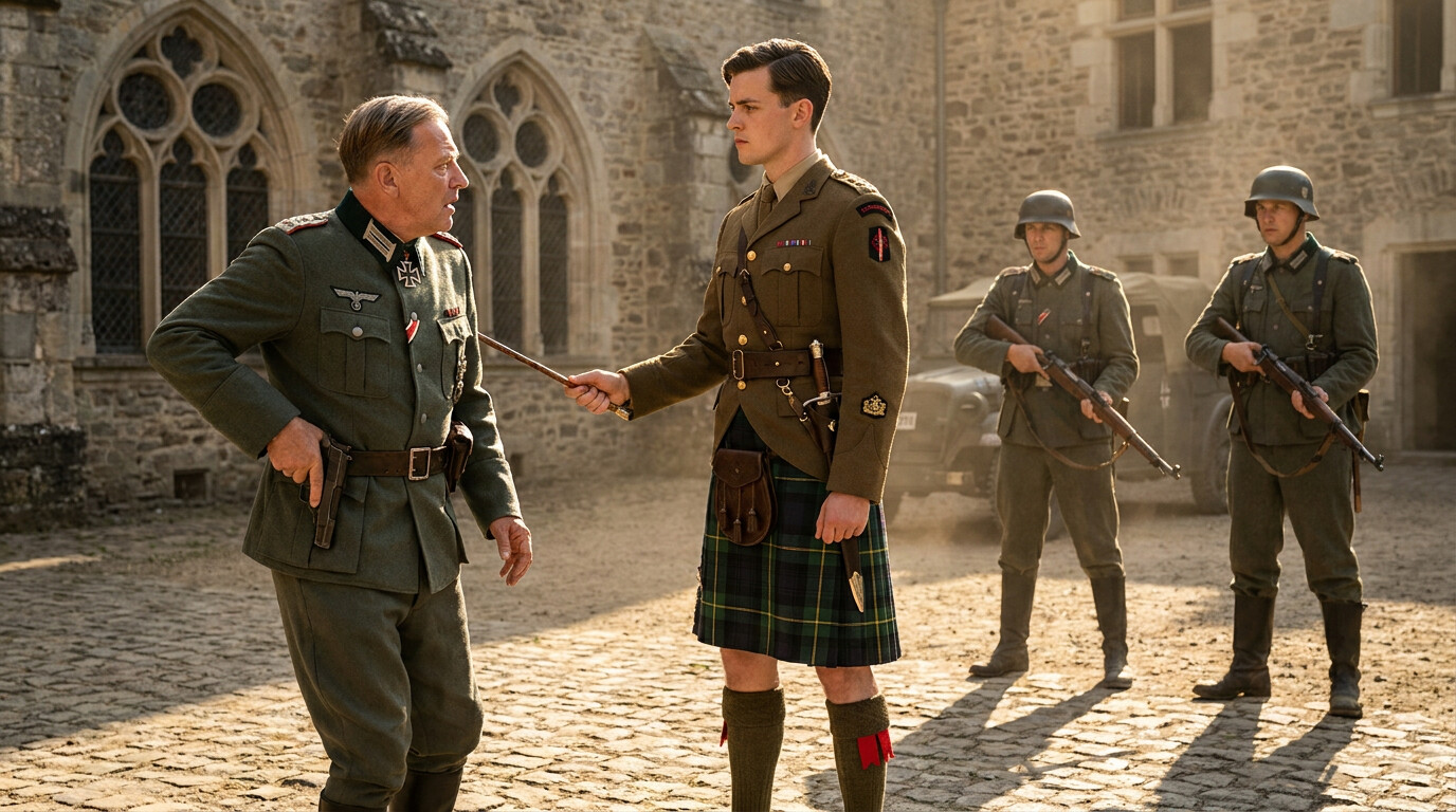 Major Macpherson in full Highland dress confronting a German garrison commander in a château courtyard