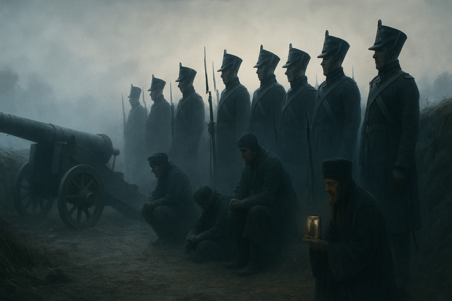 Cold open: dawn fog over the Borodino battlefield, September 7, 1812. Russian infantry standing in the earthworks of the Raevsky Redoubt, silhouetted against a gray pre-dawn sky. Soldiers are still, watchful, faces illuminated faintly by distant torch light. Cannon barrels are visible pointing west into the fog. The atmosphere is heavy with tension and anticipation.