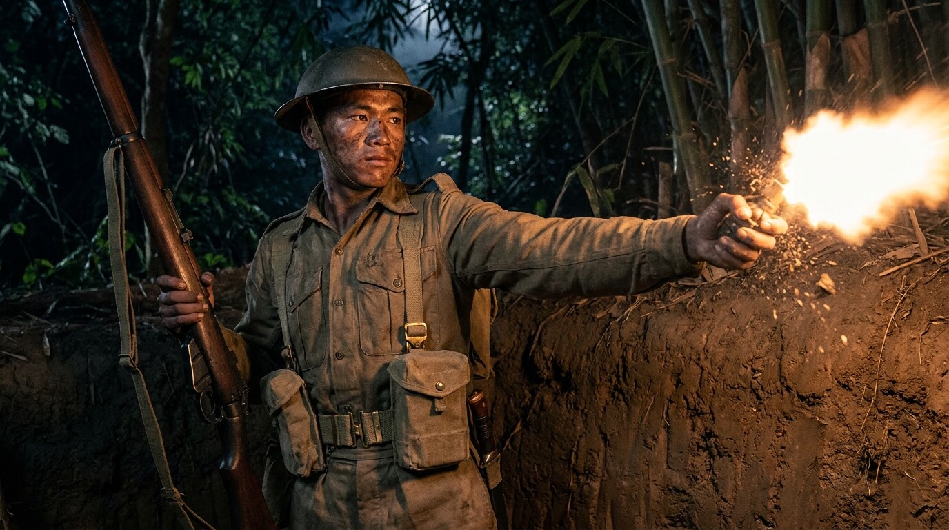 The moment of the grenade explosion in Gurung's hands, showing his determination despite the terrible wound