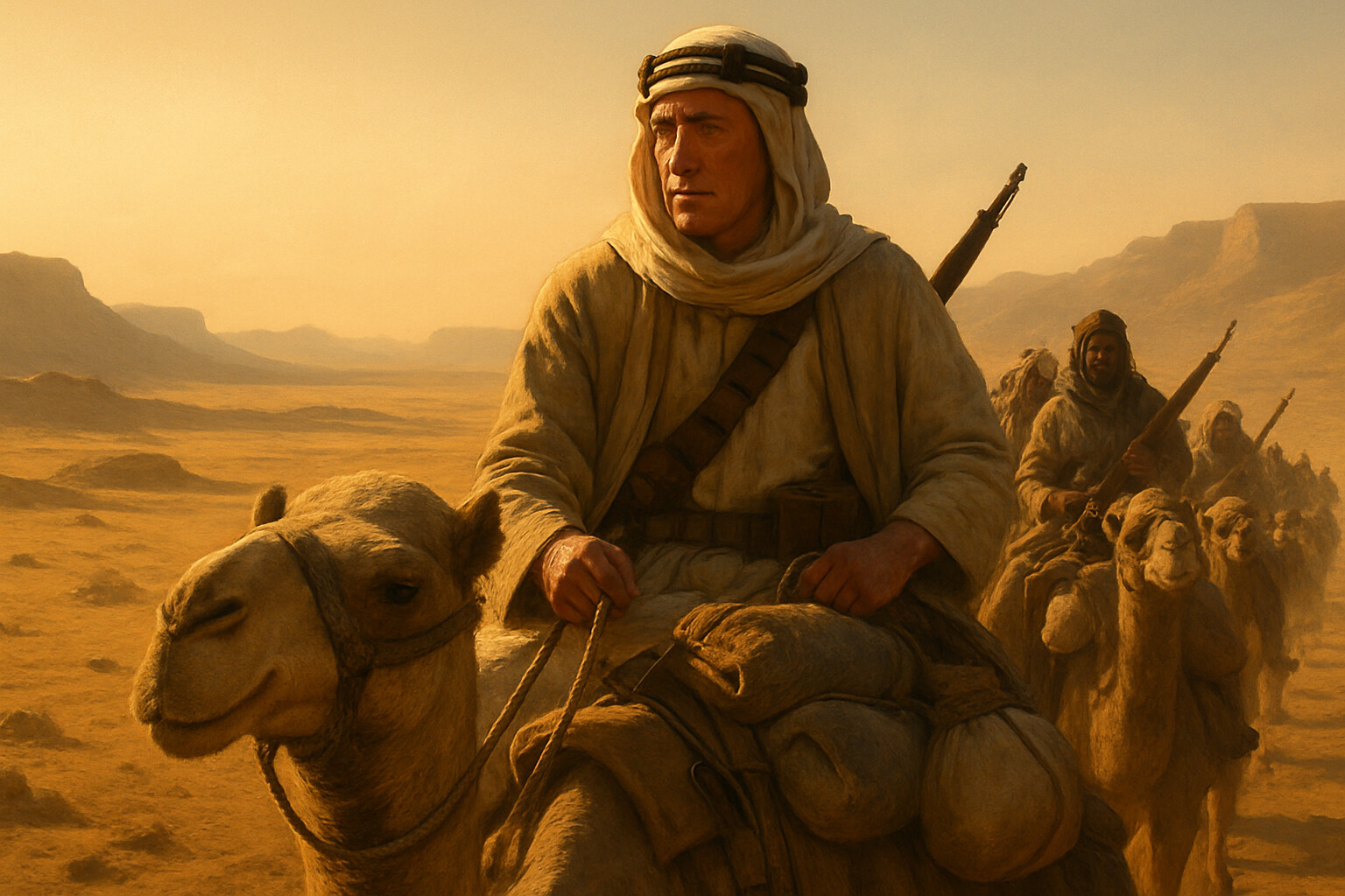 Cold open: Lawrence on camelback at dawn in the Nefud desert, leading a column of Arab fighters. The landscape is vast and hostile — an ocean of sand and rock. The scene captures the scale of the undertaking and the physical reality of the desert crossing.