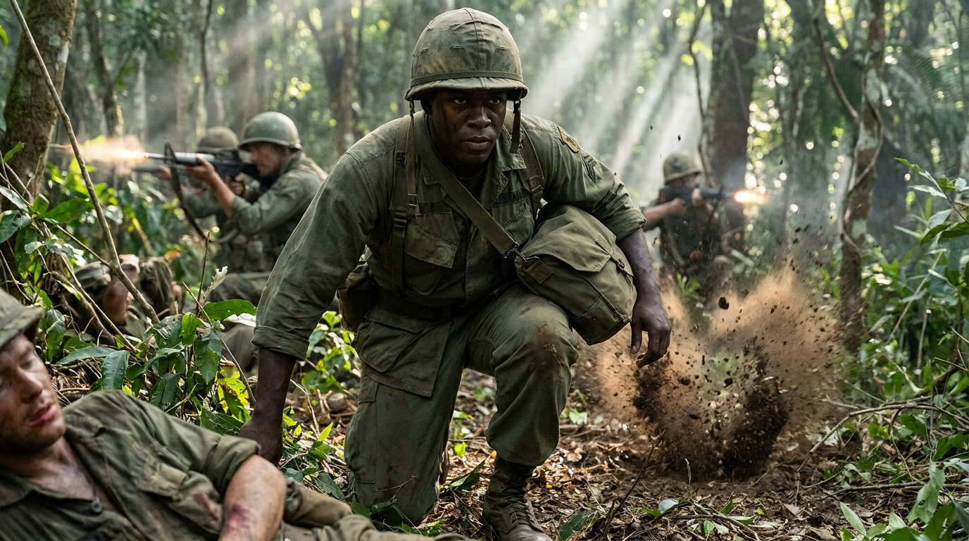 Cold open: Joel moving through jungle toward a wounded soldier as enemy fire impacts around him