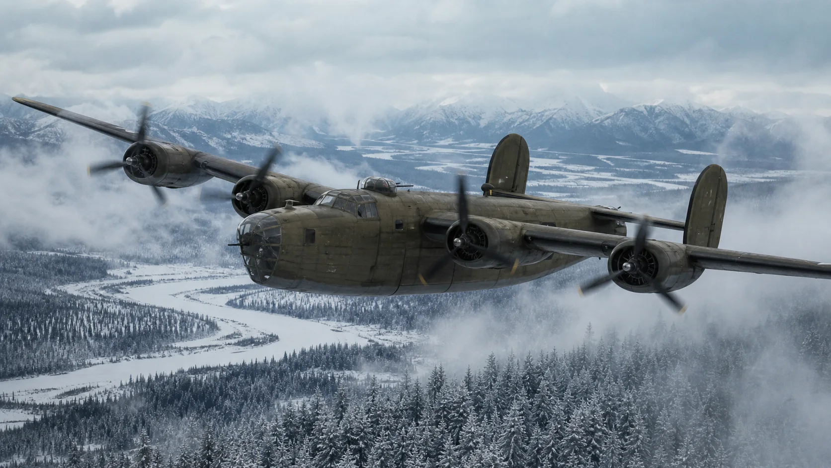 Generated cinematic image of a B-24 Liberator flying over Alaska winter wilderness