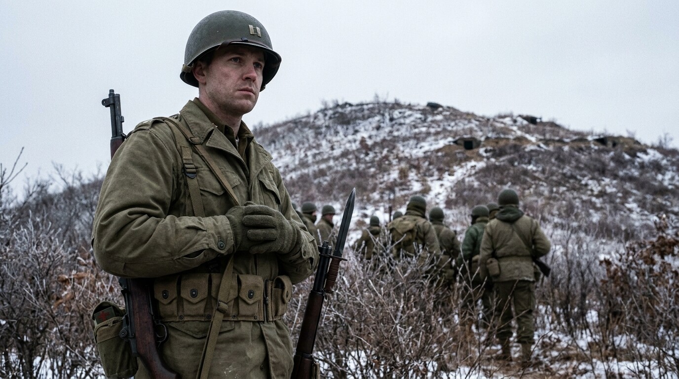 Cold open: Captain Millett at the base of Hill 180, looking up the frozen slope at the Chinese-held crest. Pre-assault moment. Korean winter. Tense stillness before the storm.
