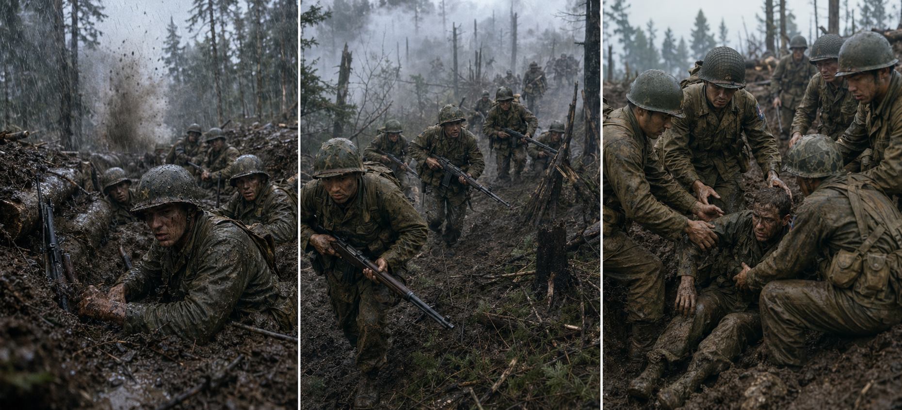 Three-panel Lost Battalion rescue sequence