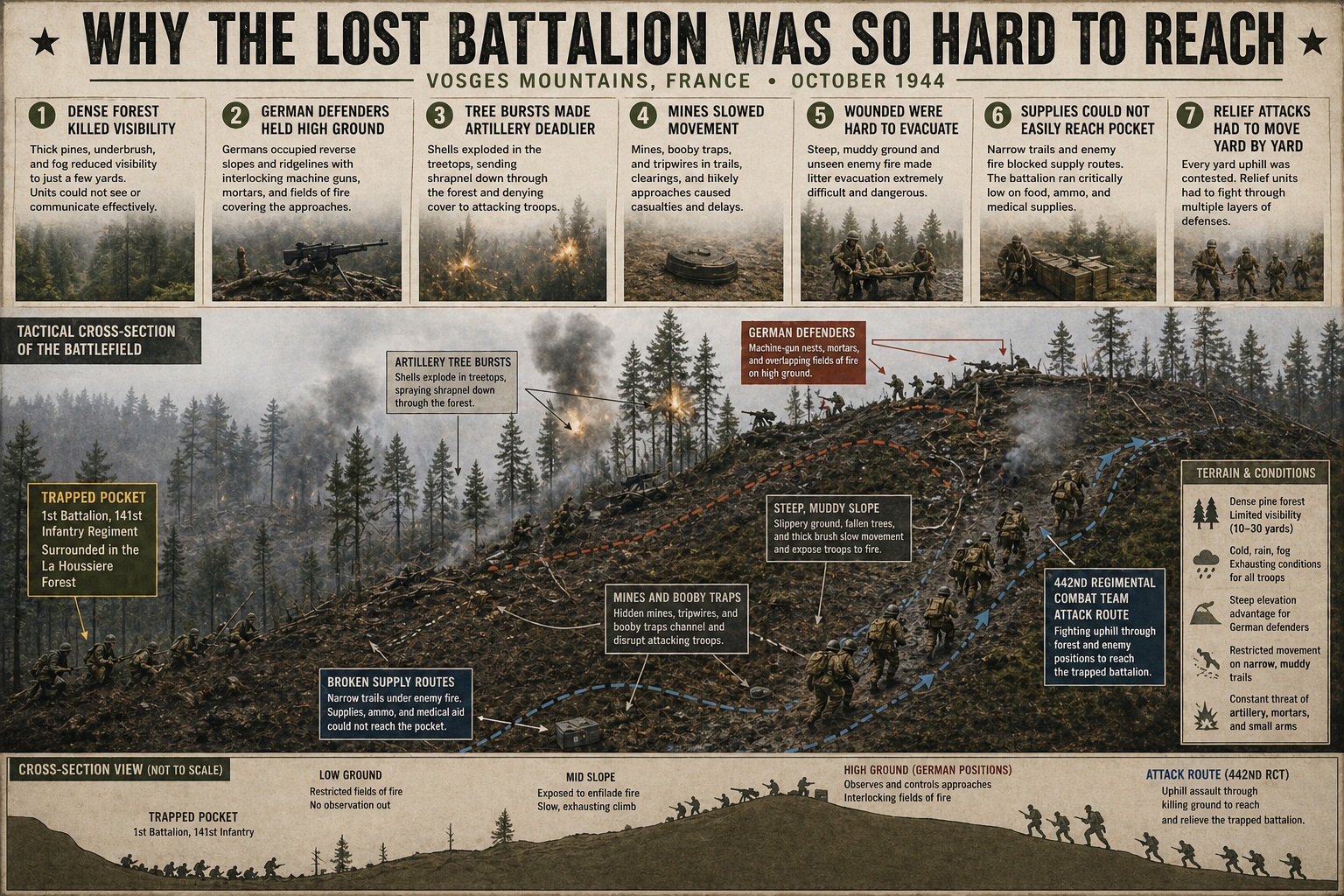 Tactical terrain breakdown explaining why the Lost Battalion was hard to reach