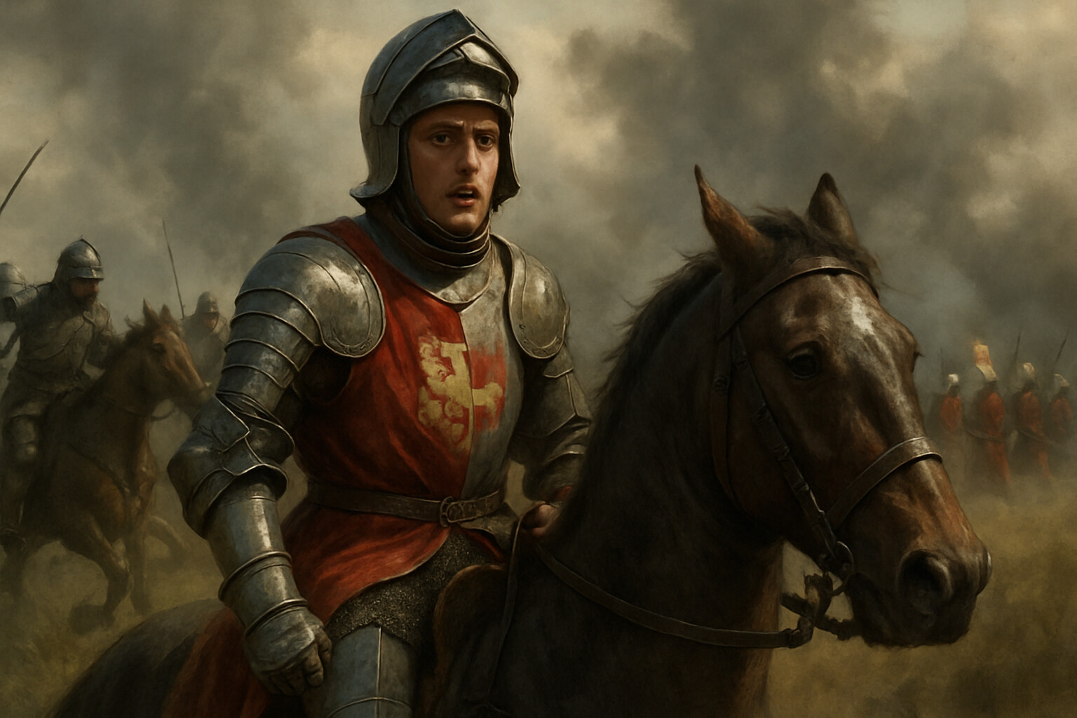 Cold open: The young king in armor amid the chaos of the collapsing battle line, the moment of crisis visible on his face and in his horse's posture, cavalry and smoke around him.