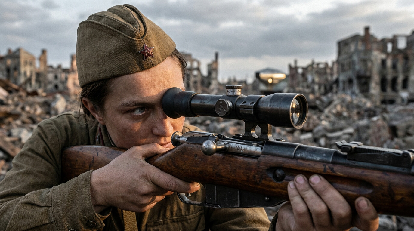 Pavlichenko taking aim through her rifle scope, crosshairs centered on a German officer in the distance