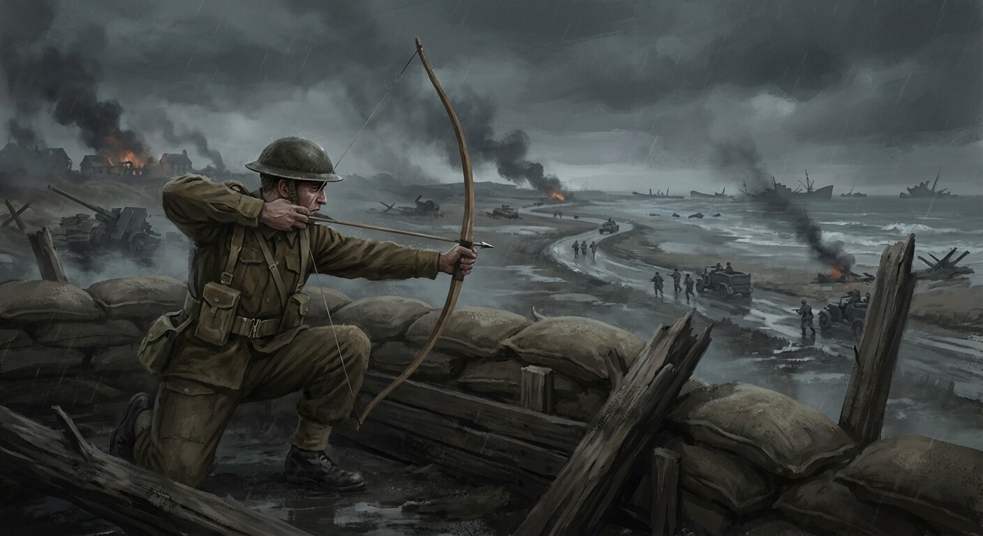 Churchill at Dunkirk drawing his longbow against German troops