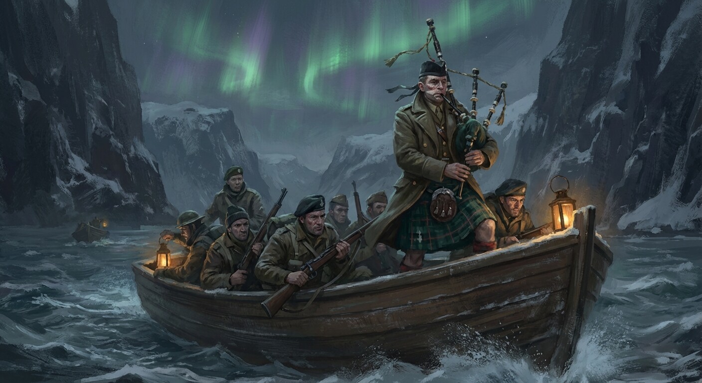 Churchill playing bagpipes on the landing craft approaching Vaagsoey