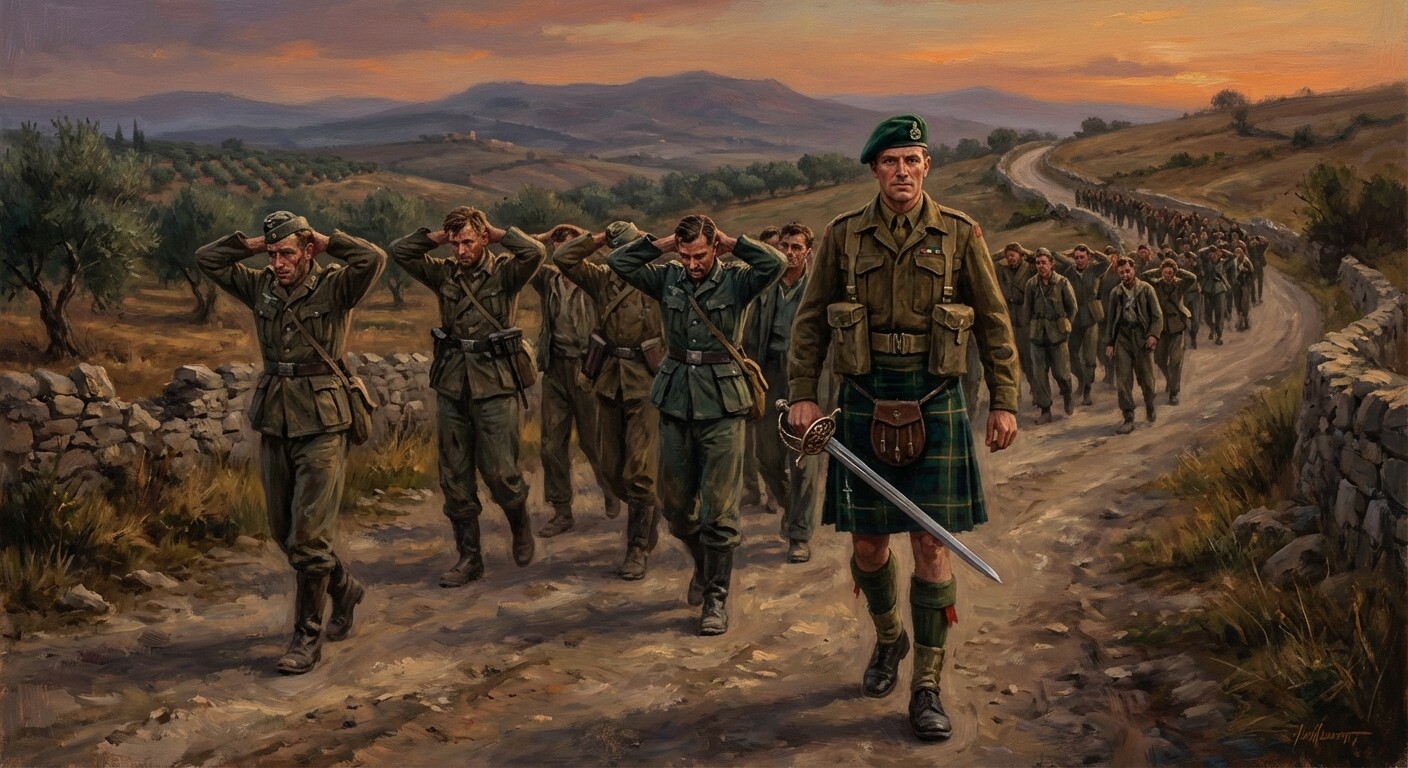 Churchill leading 42 prisoners through Sicily at swordpoint