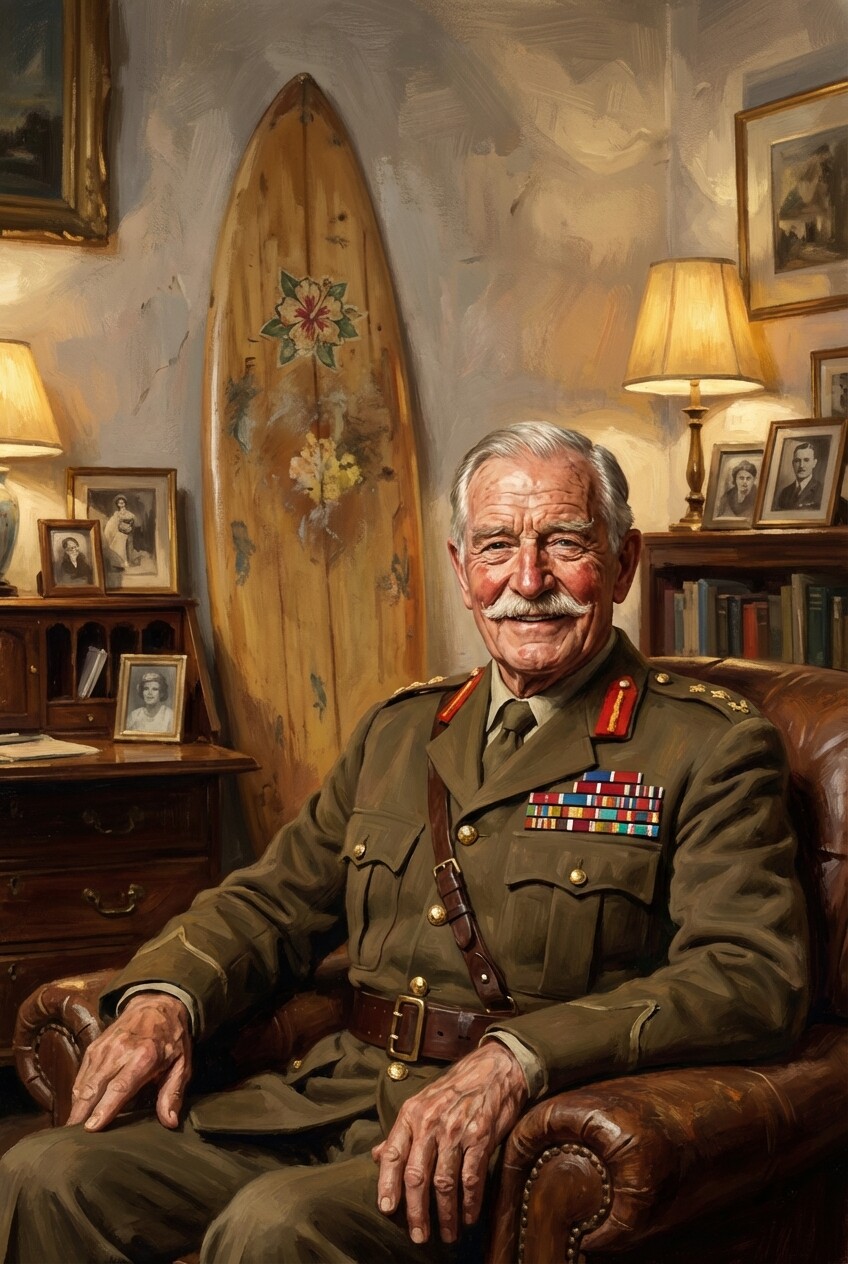 Older Jack Churchill surfing the Severn Bore