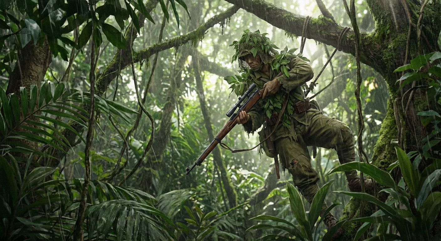 Japanese sniper hidden in a tree on Guadalcanal