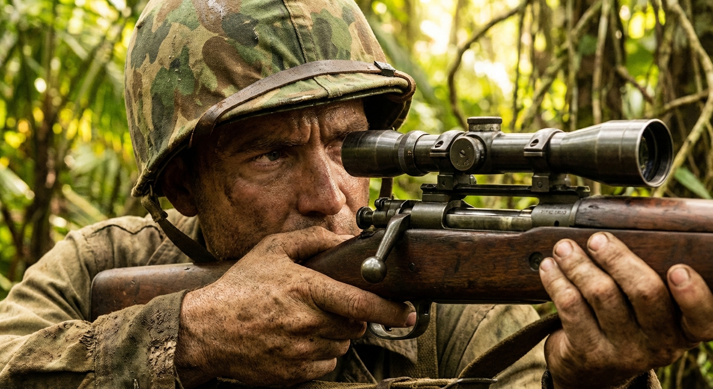 George aiming through his scope in the Guadalcanal jungle