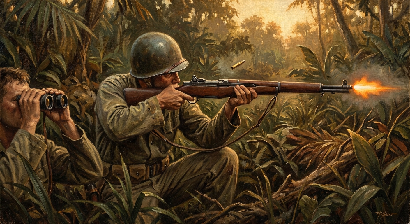 George firing from a concealed position, muzzle flash