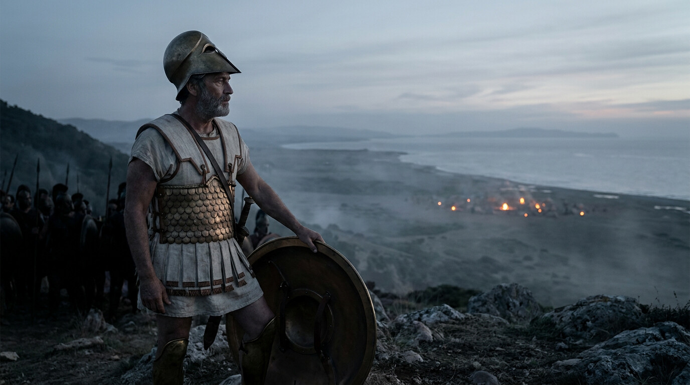 The cold open: Miltiades on the high ground before the battle, looking north across the plain of Marathon at first light. He is in partial armor, studying the Persian encampment in the distance. The enormity of the decision he has made is visible in the stillness of the scene.