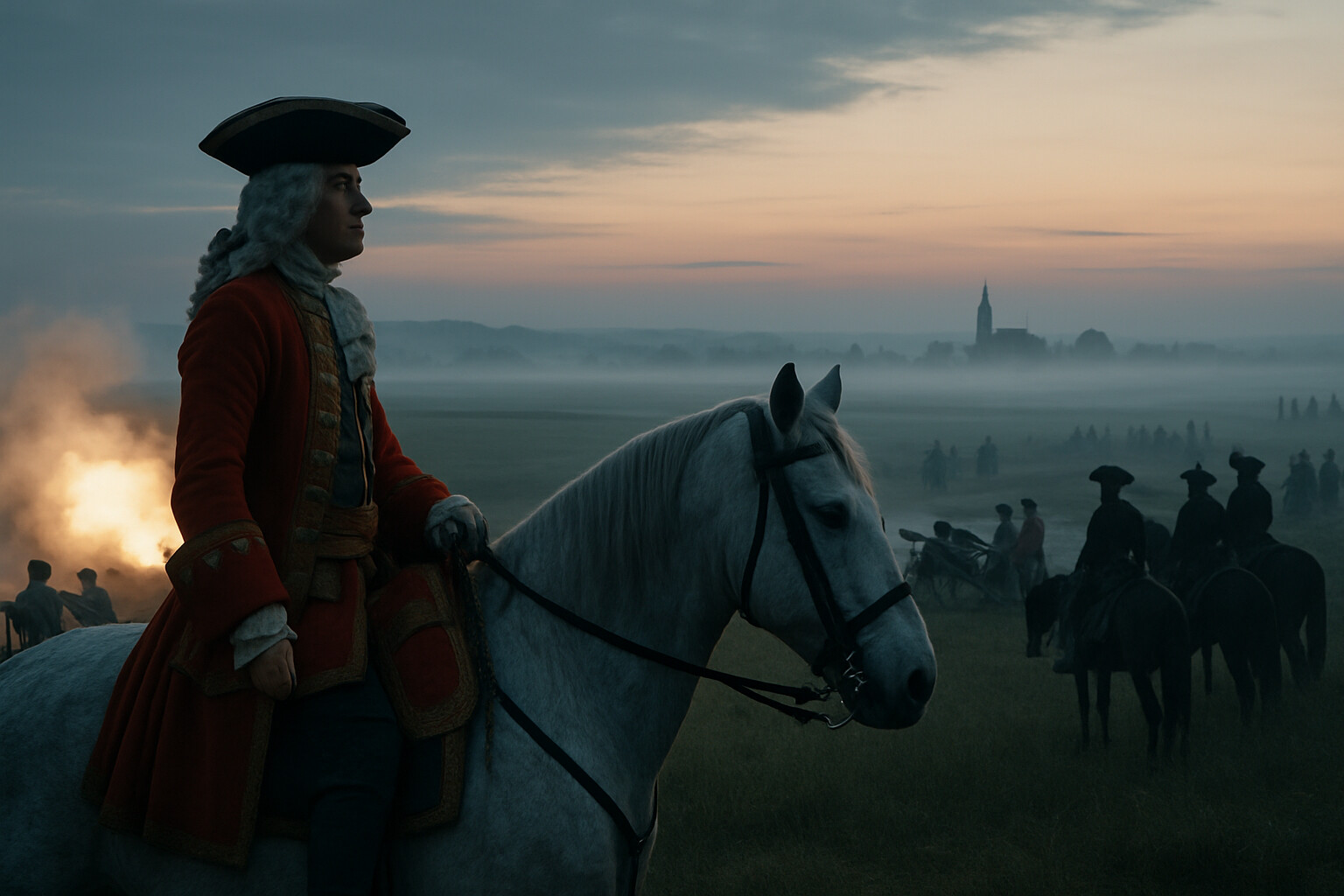 Cold open: The Allied cannon open fire across the Nebel at dawn. Marlborough on horseback, watching the first gun flashes, dawn light breaking over the Bavarian plain.