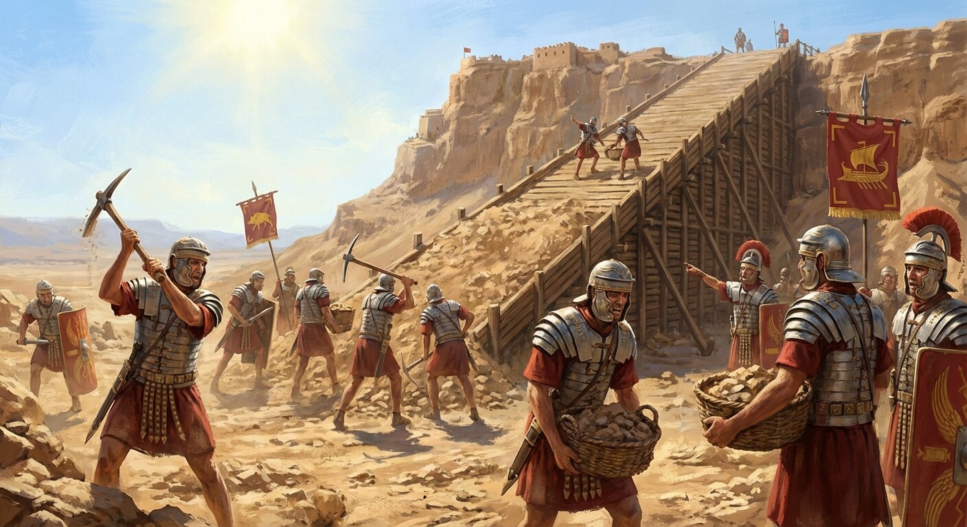 Roman legionaries beginning construction of the Masada siege ramp