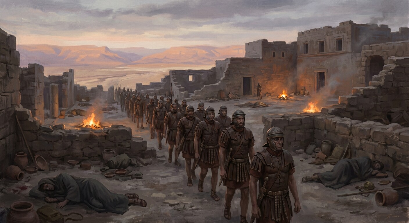 Roman soldiers entering Masada to find only the dead