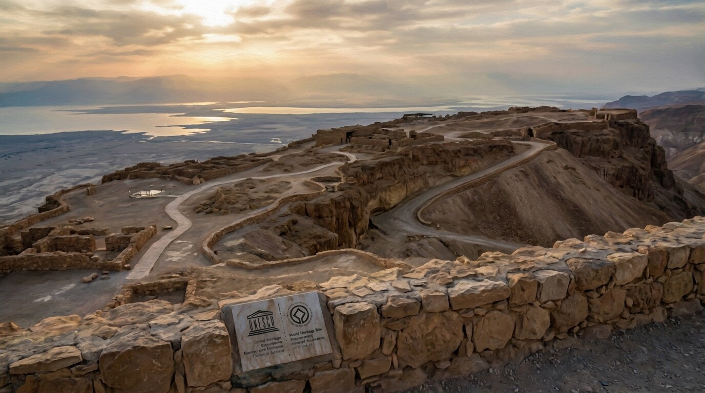 The Masada plateau at dawn viewed from across the Dead Sea