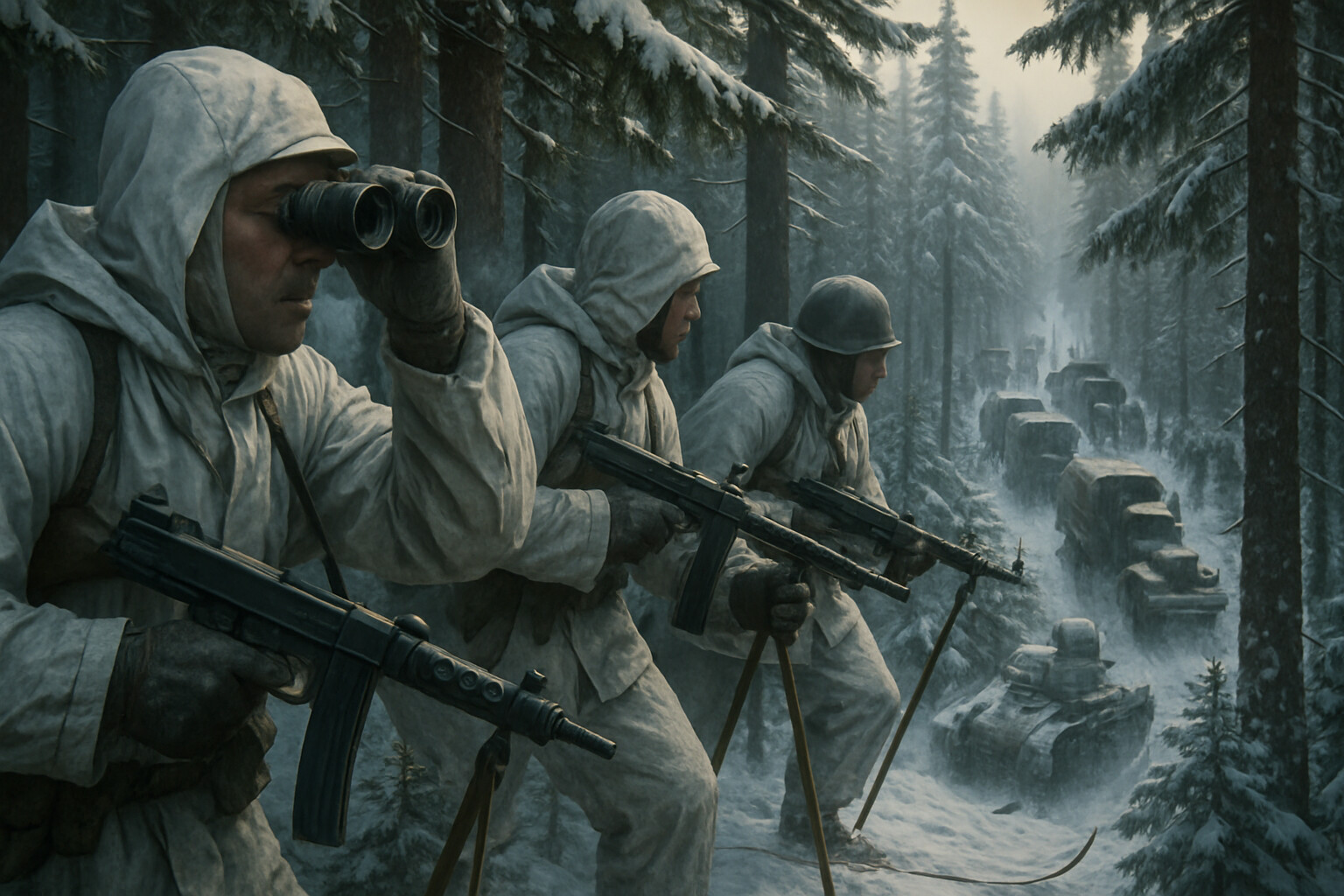 Finnish ski troops in white winter camouflage observing Soviet convoy through forest, moment before motti ambush