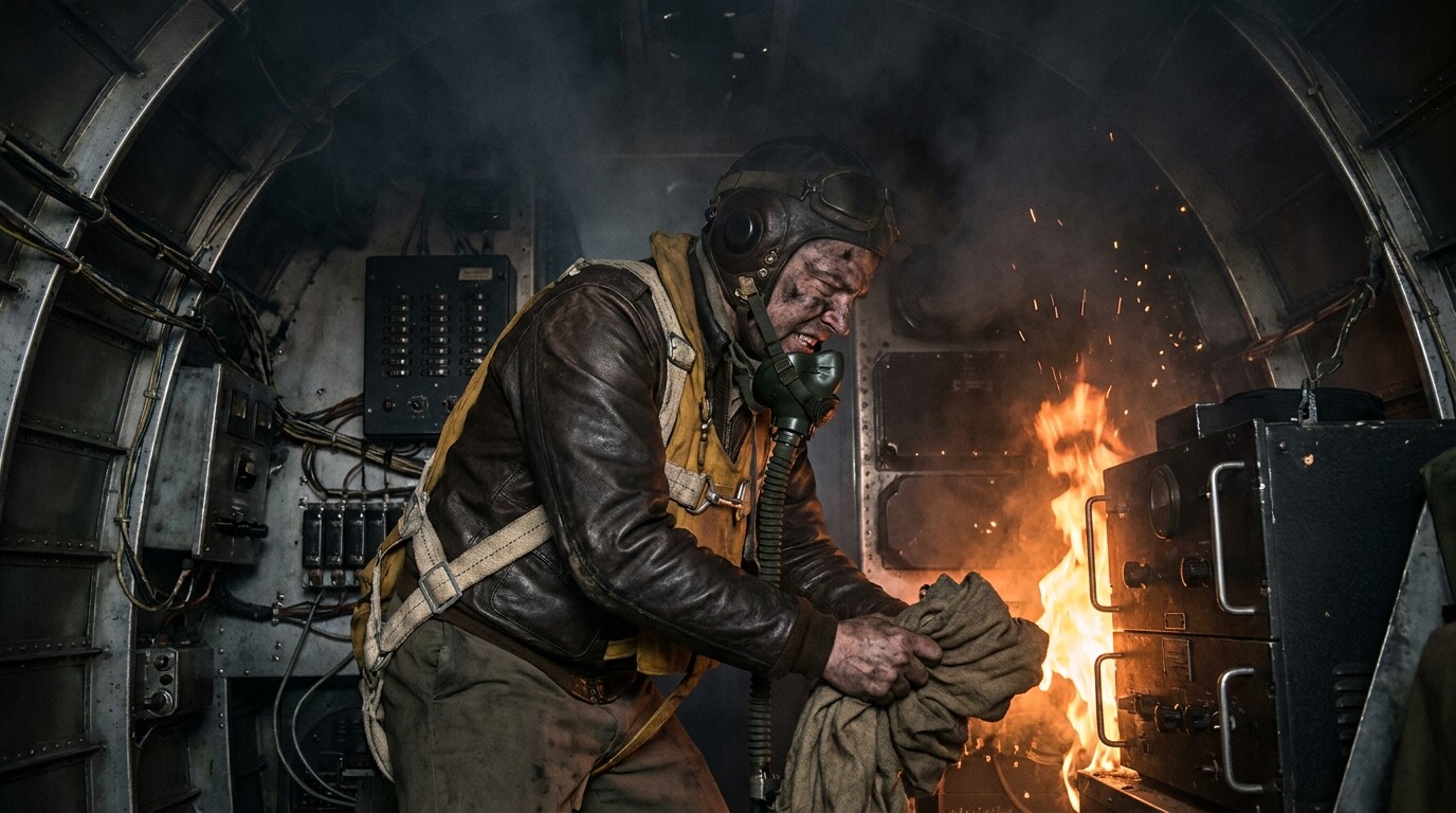 Staff Sergeant Smith fighting flames inside the burning B-17, beating down fires with his bare hands while smoke fills the fuselage