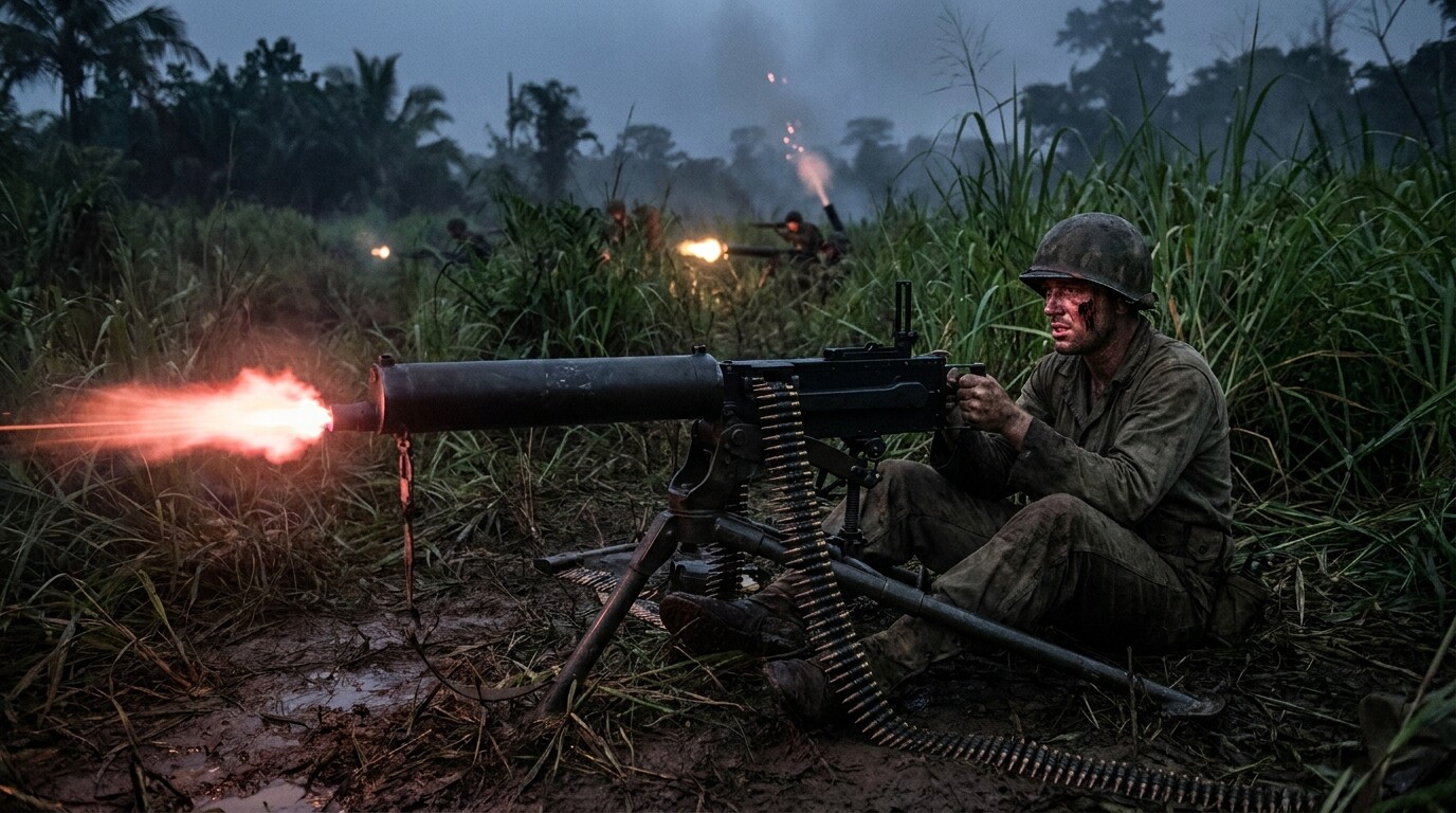 Mitchell Paige behind his Browning machine gun at night, muzzle flashes illuminating his determined face as Japanese infantry charge through the elephant grass