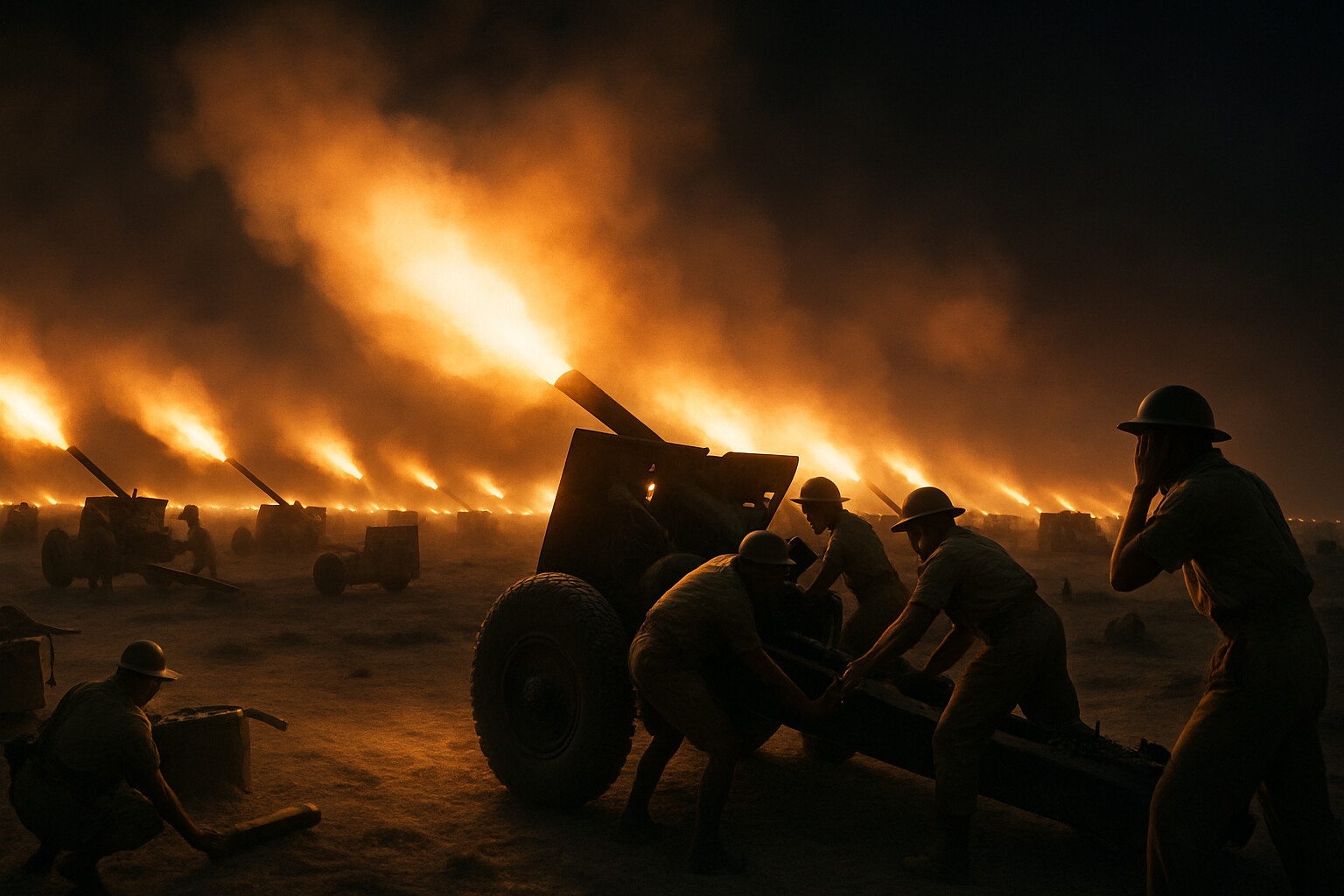 The opening barrage: 882 British and Commonwealth artillery pieces fire simultaneously across the Egyptian desert at 9:40 p.m. on 23 October 1942. A vast line of muzzle flashes lights the night horizon as the guns roar.