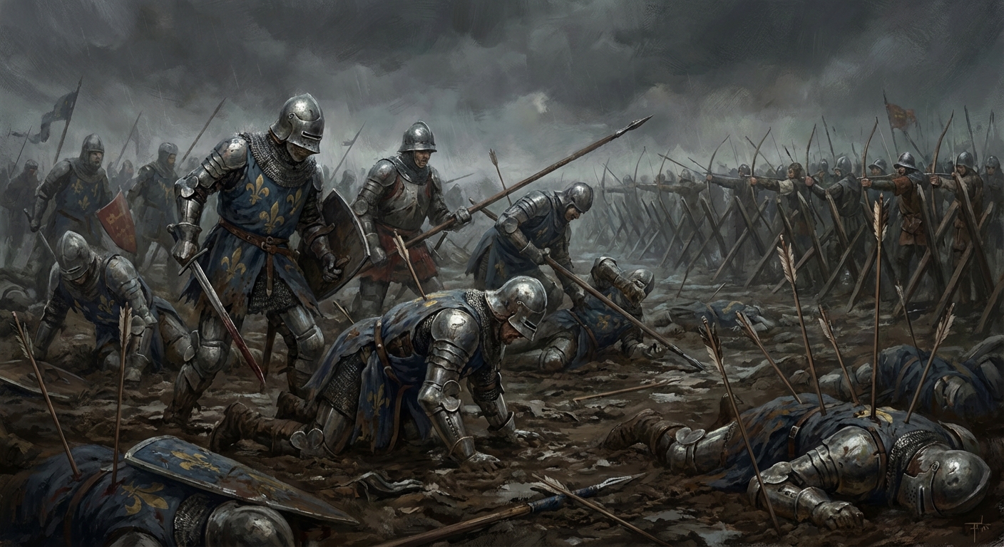 French knights struggling in the mud at Agincourt