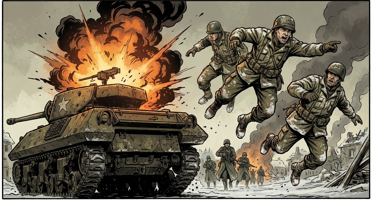 The M36 tank destroyer taking a direct hit from a Panzerfaust, with orange flames erupting and the crew bailing out.