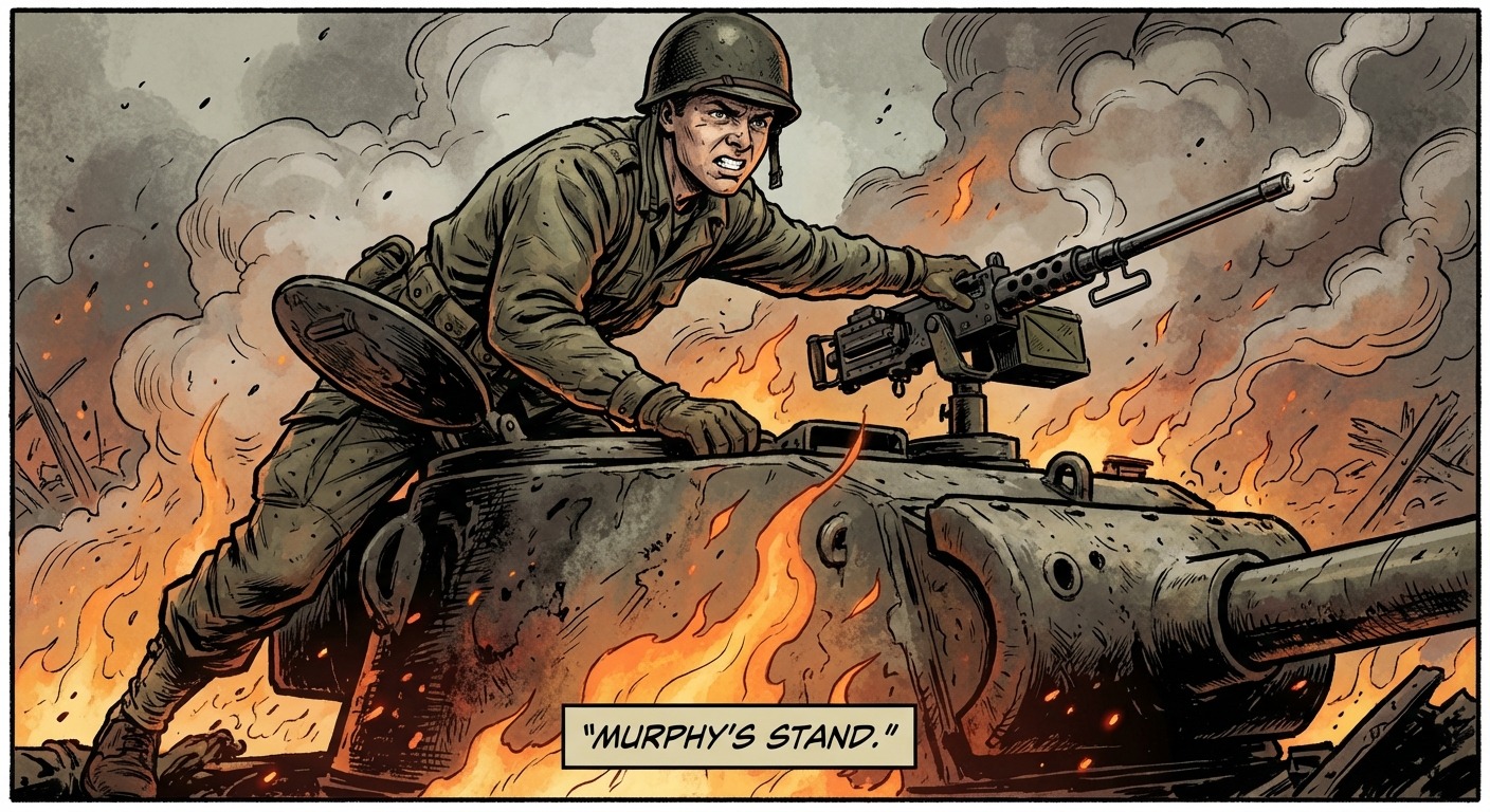 Murphy climbing onto the burning tank destroyer and grabbing the .50 caliber machine gun while flames rage around him.
